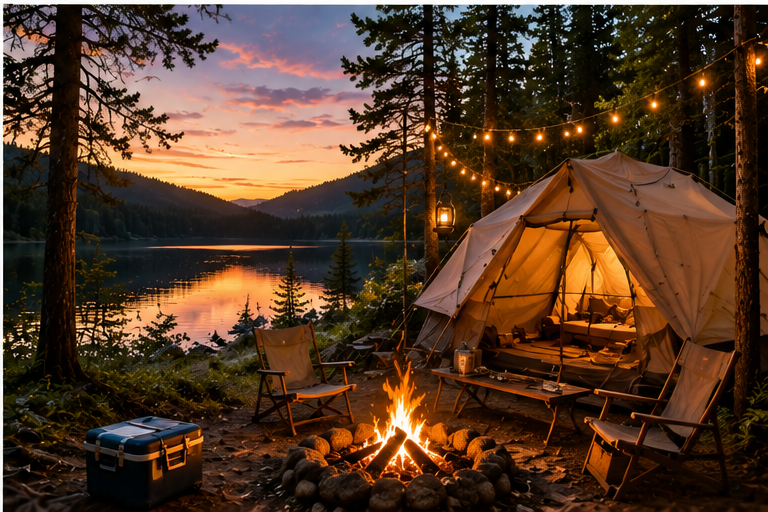 Lakeside camping scene with tent and fire