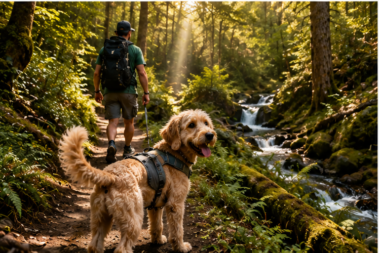 Dog hiking through a dense forest with sunlight filtering through trees